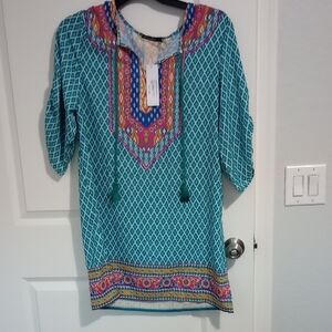 Chic Teal and Pink‎ Patterned Tunic Top